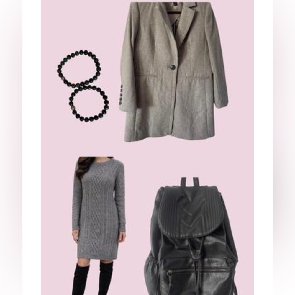 Women’s 4pc Cozy Outfit Bundle | Gray Coat, Sweater Dress, Black Backpack
